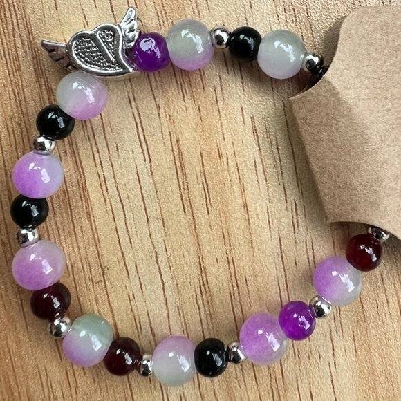 Purple and Black Glass Beaded Stretchy Bracelet with Silver Accents - Picture 2 of 2